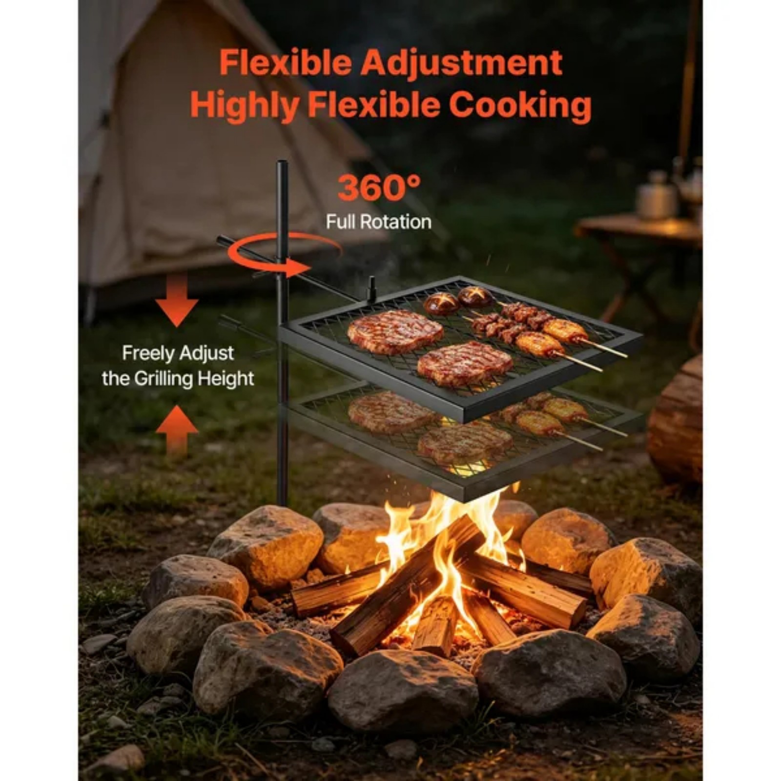 Camping Cooking Over Fire - Robuuste draaibare kampvuurgrill, 16 inch draagbare