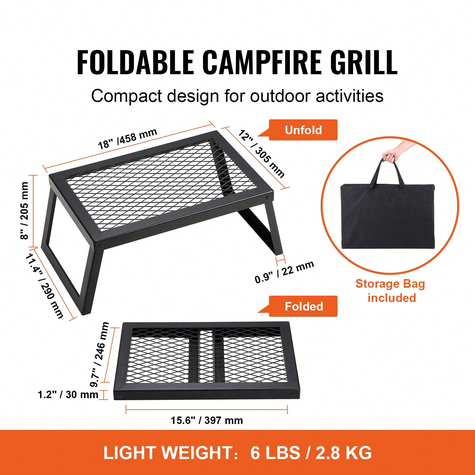 Camping Cooking Over Fire - Vouwbare/draaibare kampvuurgrill, robuust stalen rooster, 22,4